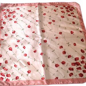 Vintage Scarf 19" Square Satin floral print neckerchief red poppy flowers
